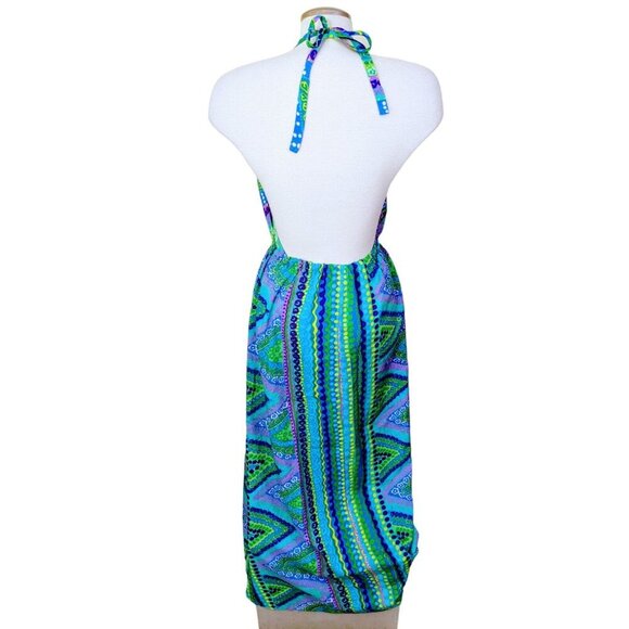 Hale Kini Chez Jeanne Vintage Hawaiian Aloha Maxi Halter Dress Floral Green Blue - Picture 3 of 5